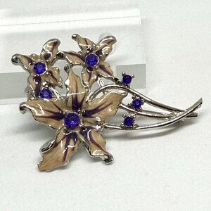 Brooch, Silvertone, orchids, with purple rhinestones